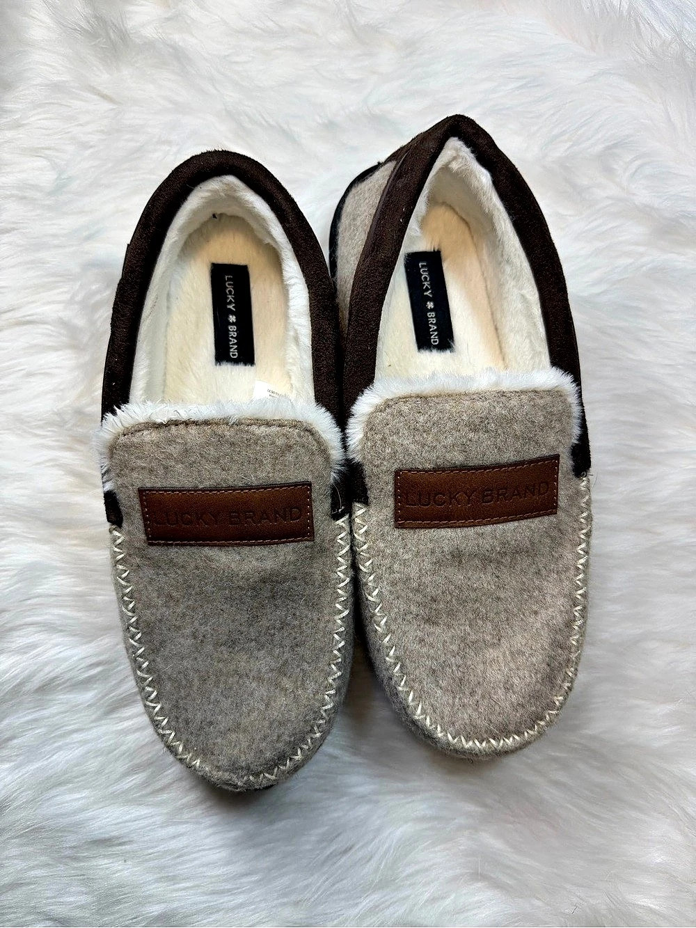 Lucky Brand Oatmeal Felt Faux Fur Lined Moccasin Slippers Men’s S 7-8
